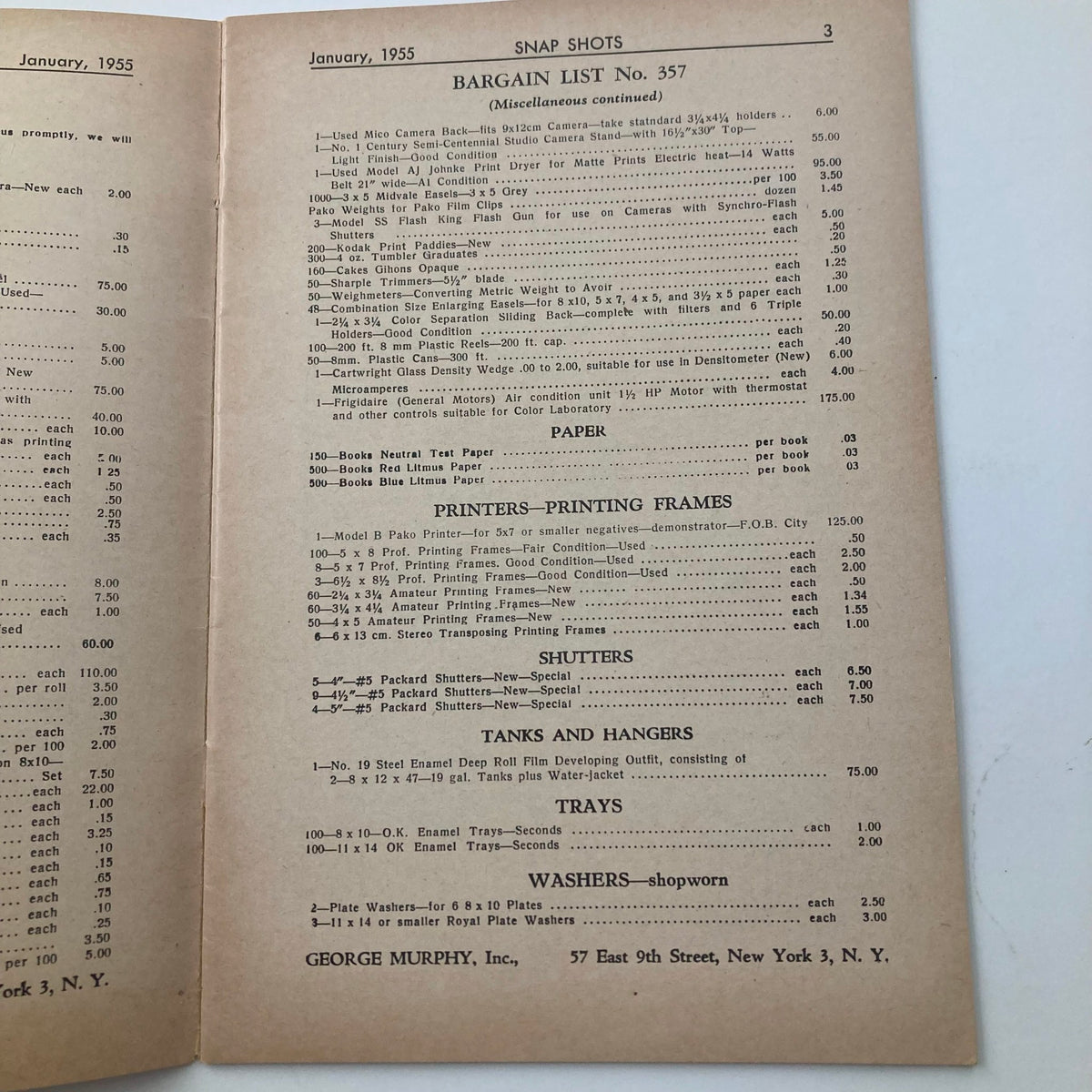 VTG Snap Shots Magazine January 1955 Vol 67 No. 1 - Interior page showing the bargain list and details of photographic products available during the 1950s.