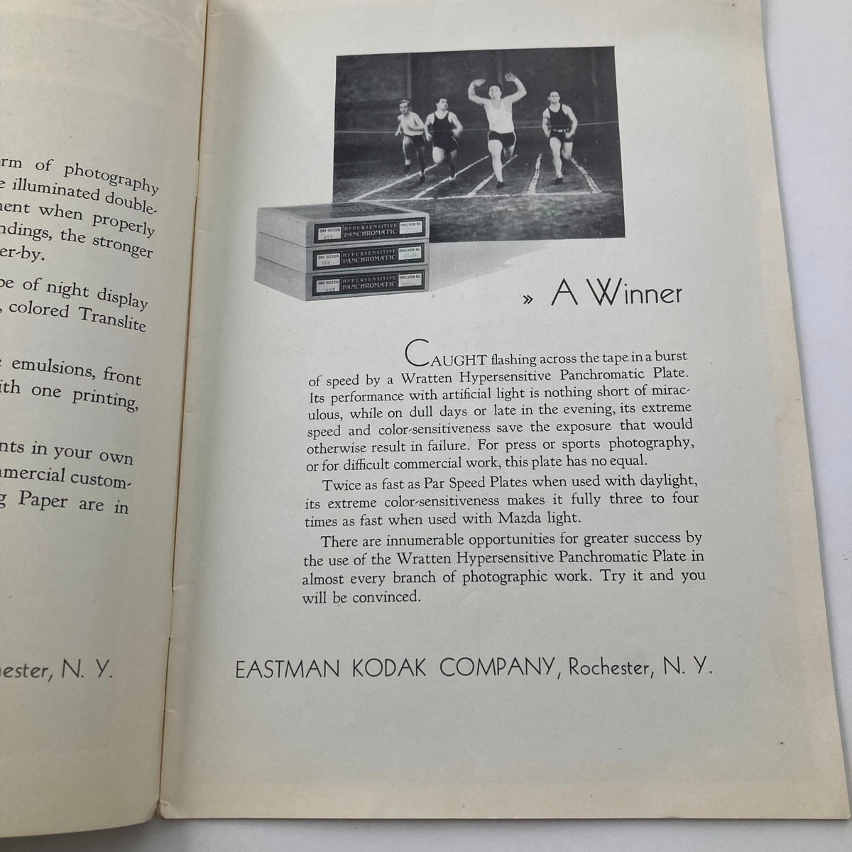 Inside page of Studio Light Magazine November 1931 showcasing the Wratten Hypersensitive Panchromatic Plate advertisement with athletes, emphasizing its speed and performance.
