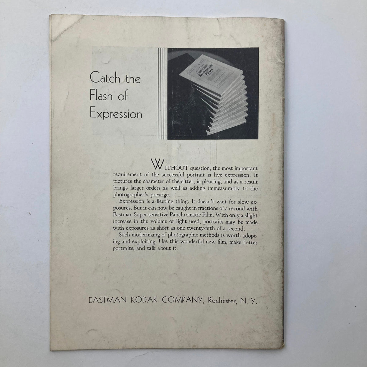 Back page of Studio Light Magazine November 1931 discussing the importance of expression in portraits using Eastman Super-sensitive Panchromatic Film.