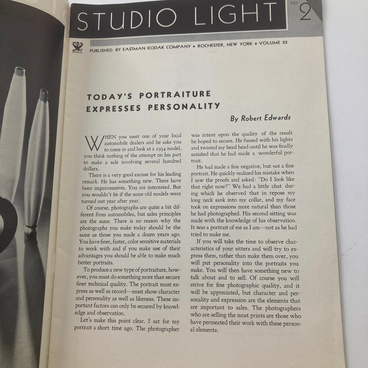 Interior page of Studio Light Magazine May 1934 featuring an article titled 'Today’s Portraiture Expresses Personality' by Robert Edwards, discussing photography techniques and artistic expression.