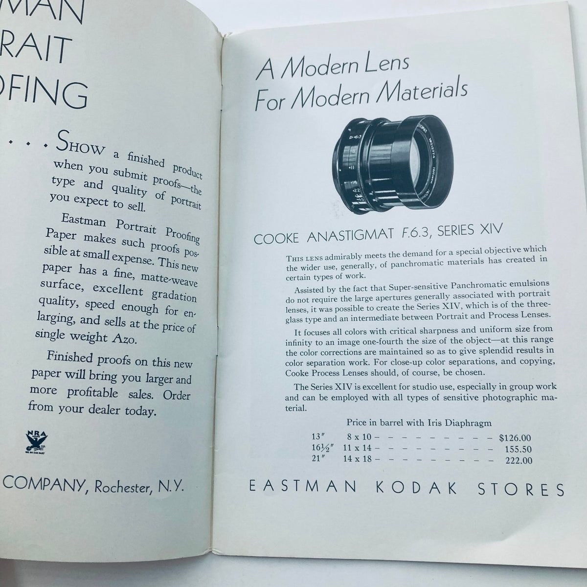 Inside page of the VTG Photographic Review Magazine February 1934 featuring an advertisement for the Cooke Anastigmat F.6.3 lens, showcasing photography techniques and materials from the era.