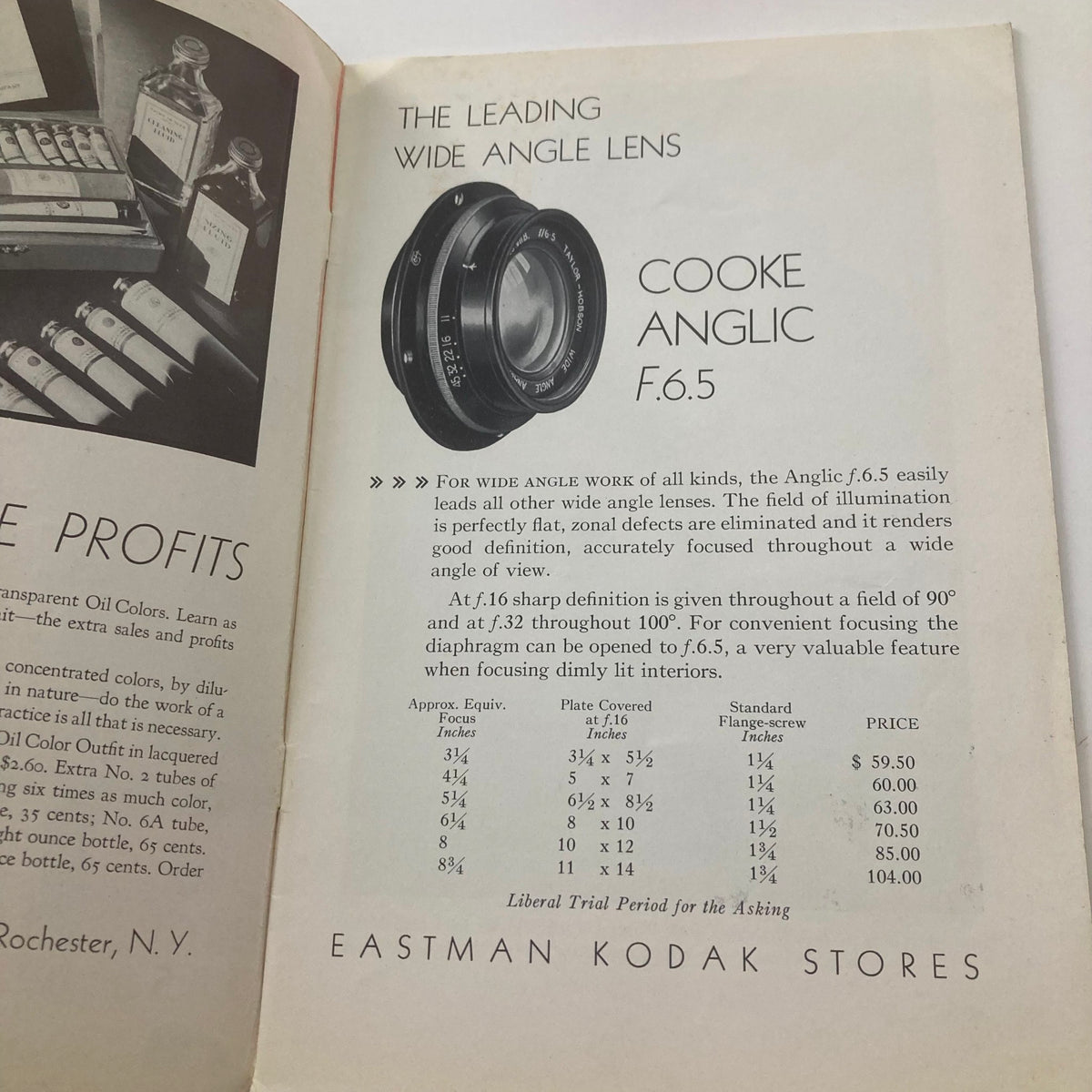 Interior page from VTG Photographic Review Magazine March 1933 highlighting the Cooke Anglic wide angle lens with technical details and pricing.
