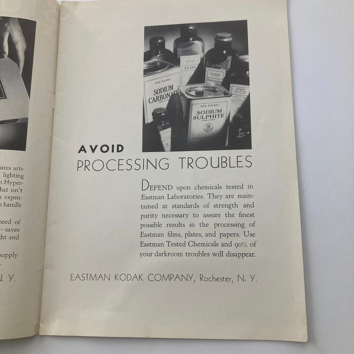 Interior page from VTG Studio Light Magazine January 1933 titled 'Avoid Processing Troubles', discussing photography processing techniques with images of photographic chemicals.