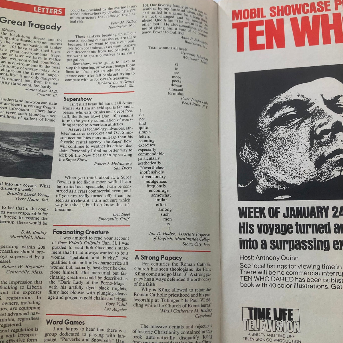 Inside page of VTG Time Magazine January 31, 1977, showcasing letters to the editor and articles related to various topics, reflecting on the cultural context of the time.