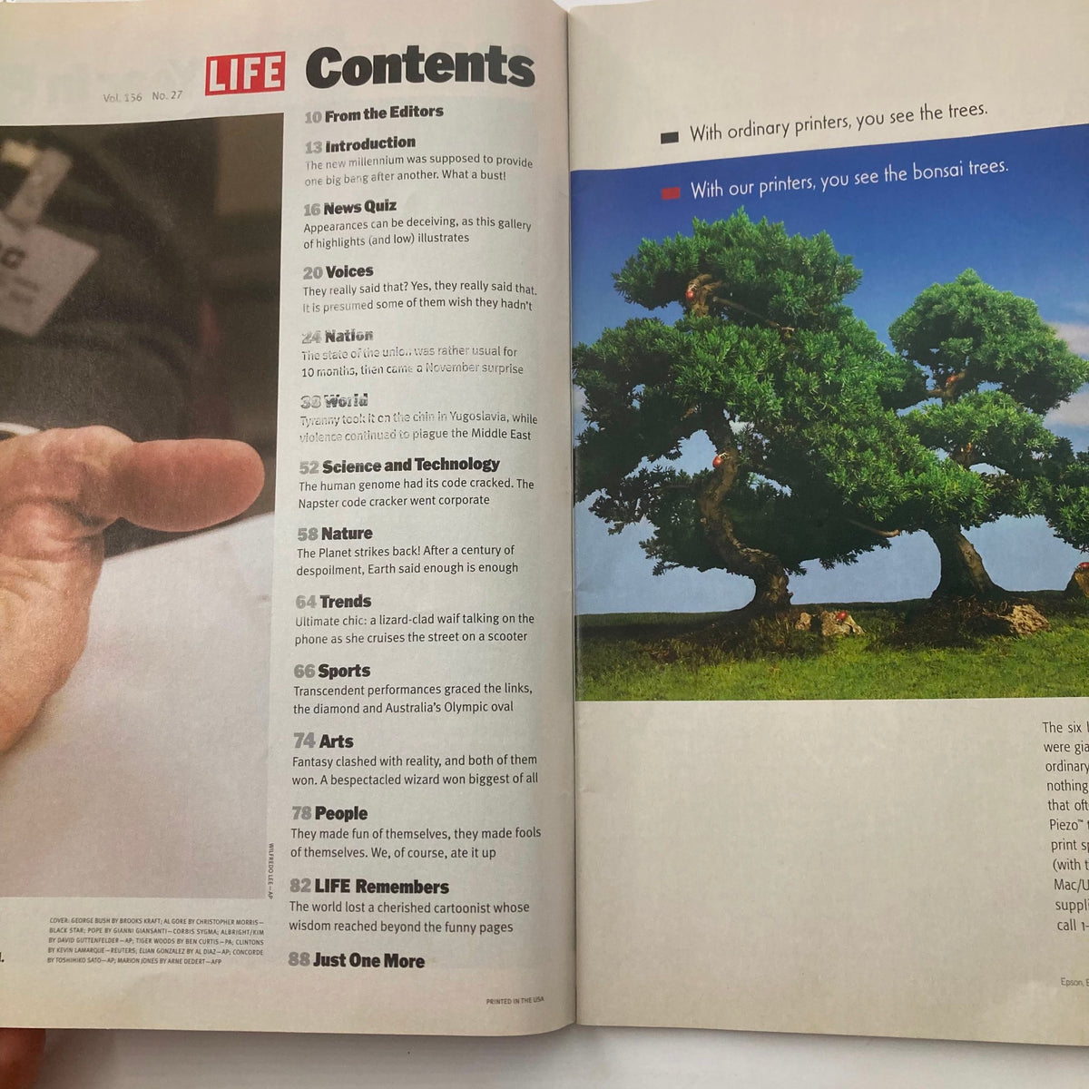 Magazine contents page showcasing articles and features from Time Magazine Special Edition Winter 2000-2001 The Year in Pictures, including highlights from significant events of the year 2000.