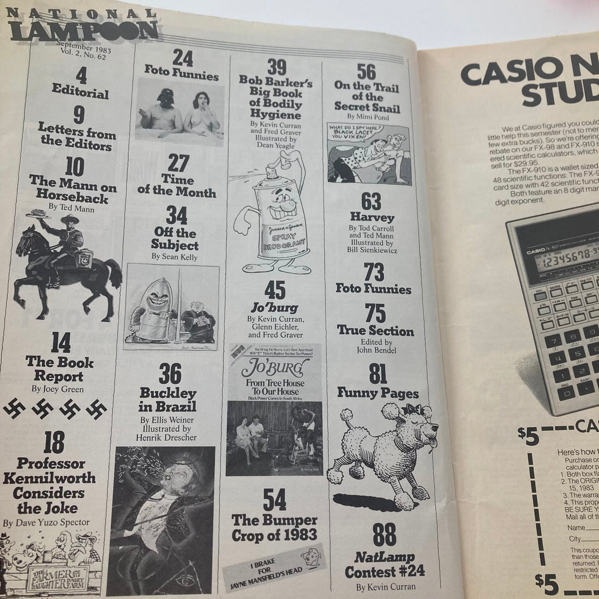 Interior page of the Vintage National Lampoon Magazine September 1983 showcasing various article titles and humorous illustrations.