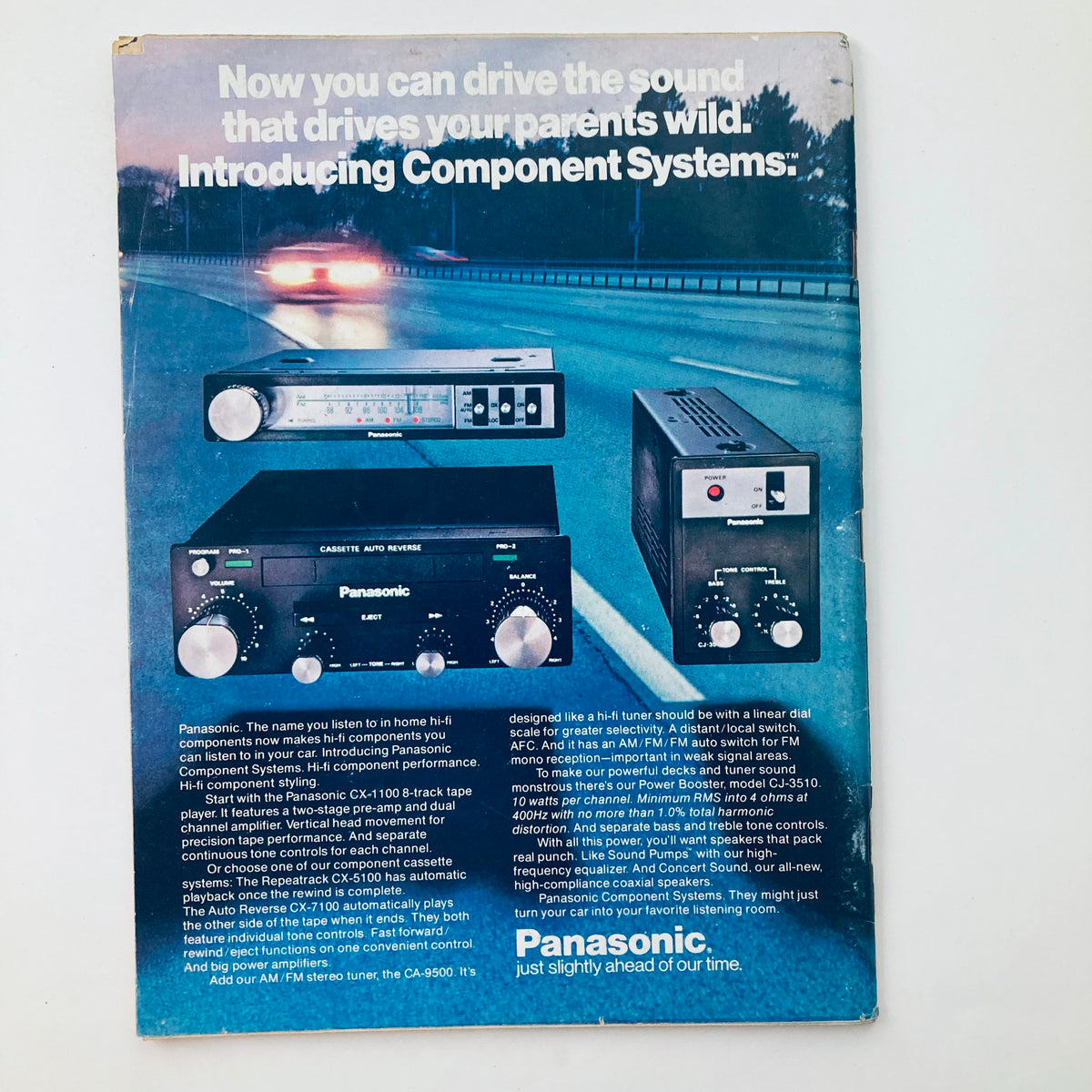 Back cover of VTG National Lampoon Magazine, March 1978, featuring an advertisement for Panasonic Component Systems with imagery of stereo equipment on an open road.