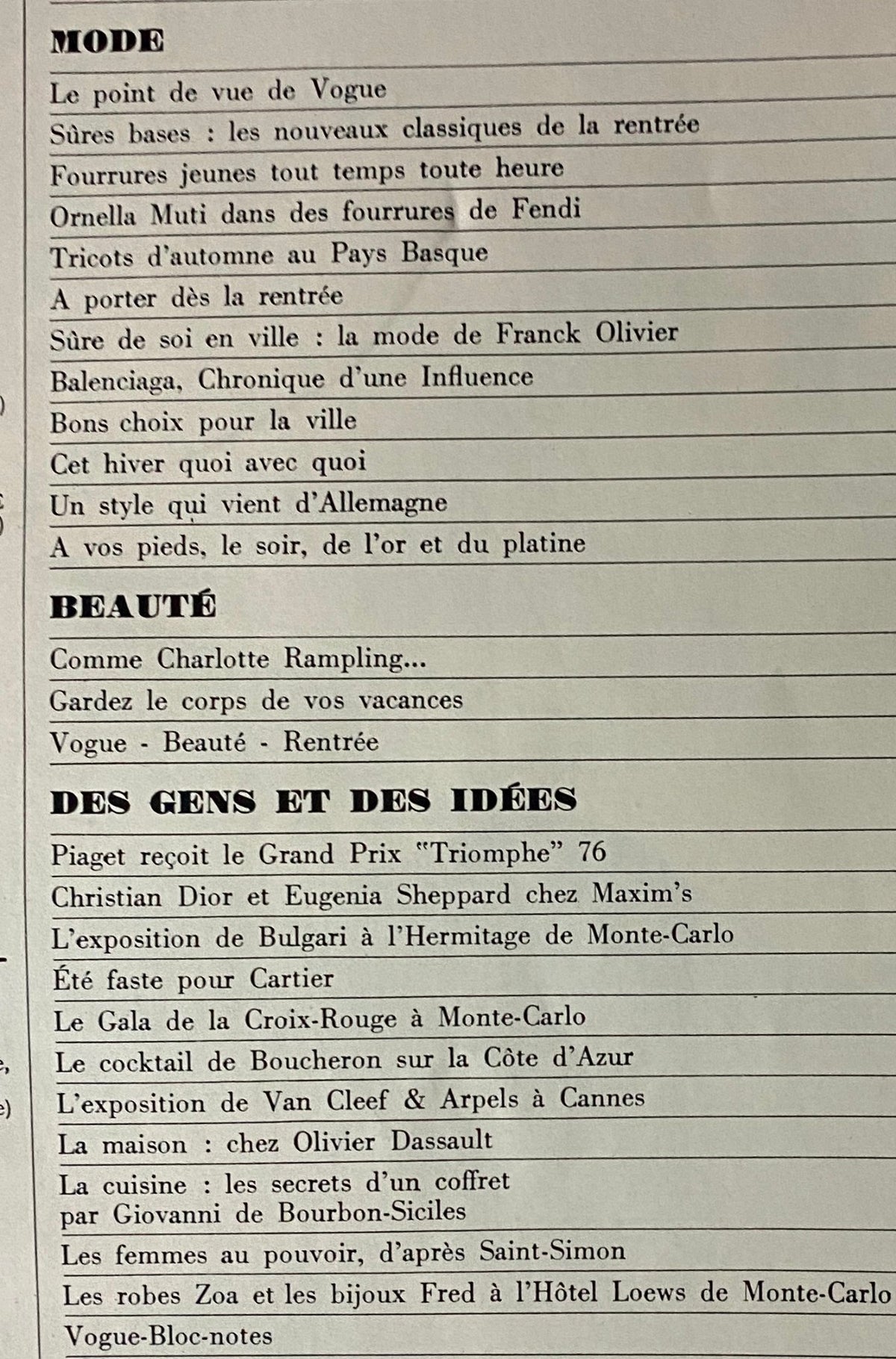 Interior page featuring content from Vogue Paris Magazine October 1976, showcasing fashion articles and trends of the 1970s.