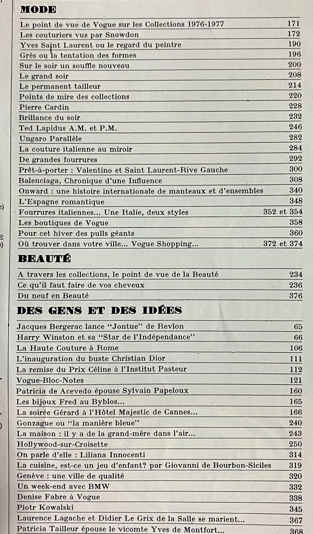 Contents page of Vogue Paris Magazine September 1976 highlighting featured articles on fashion designers and trends from the 1970s.
