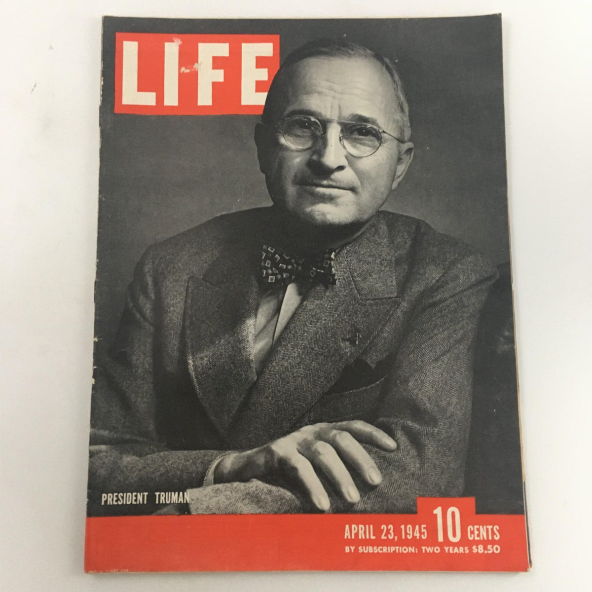 VTG Life Magazine April 23, 1945 featuring President Harry Truman on the cover, showcasing a historical portrait of the U.S. leader.