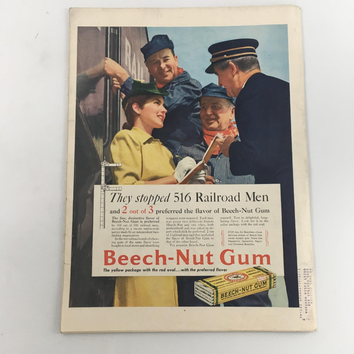 Advertisement page from a vintage issue of Life Magazine promoting Beech-Nut Gum, showcasing actors in railroad uniforms.