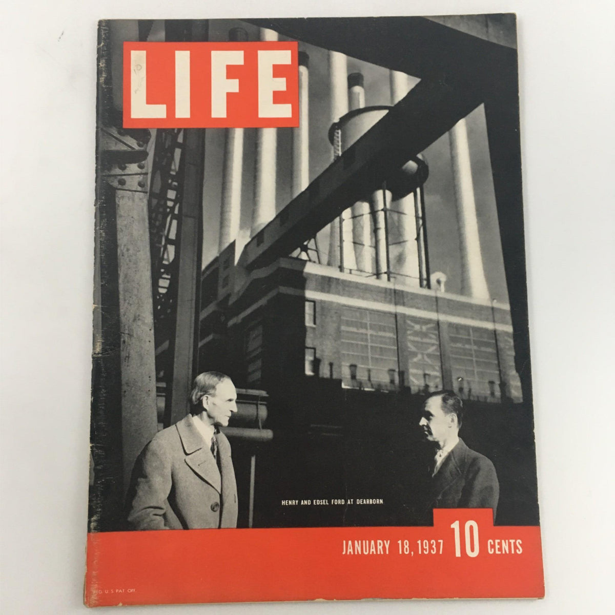 Vintage Life Magazine cover dated January 18, 1937 featuring Henry and Edsel Ford, showcasing the automotive pioneers at the Ford factory, highlighting their contribution to American history.