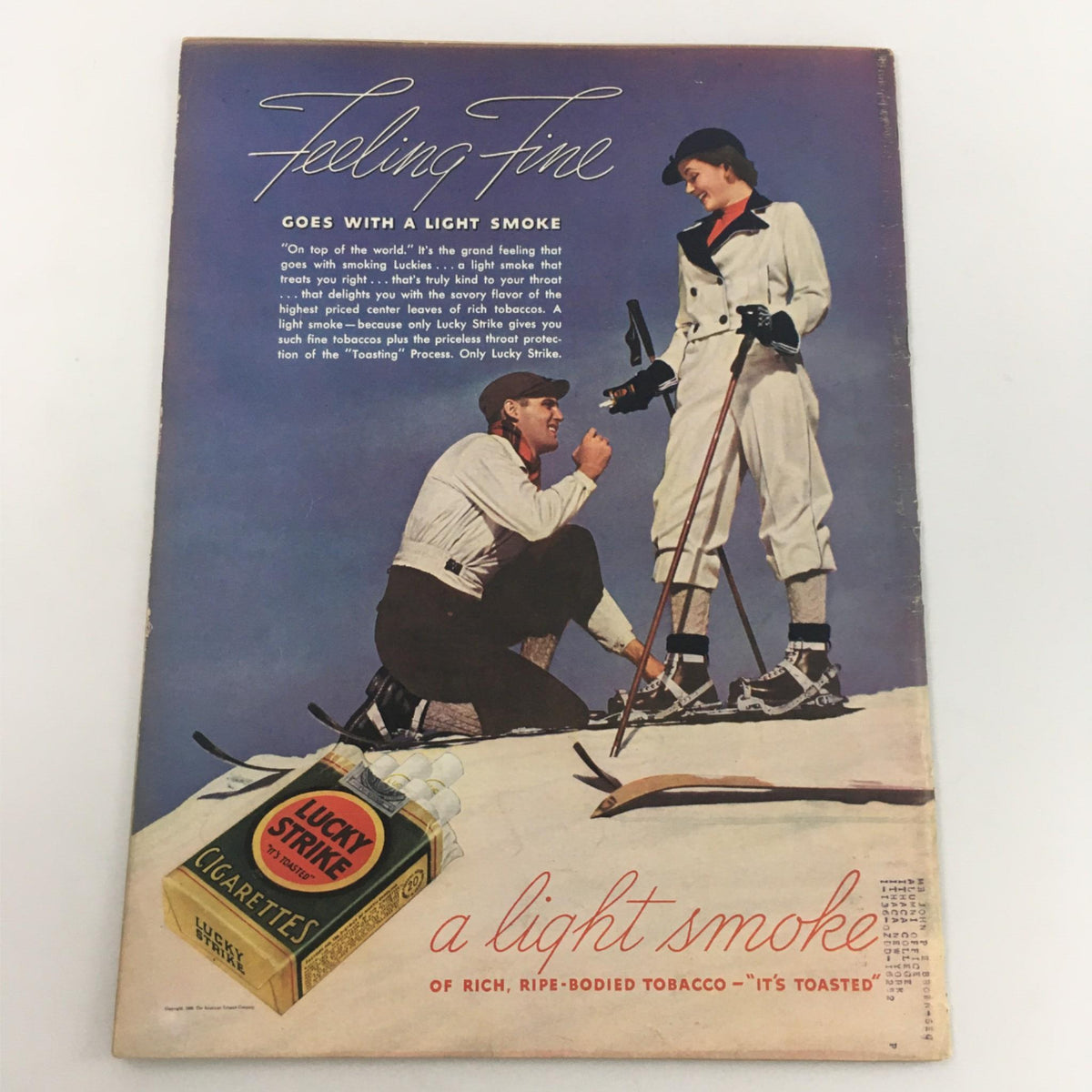 Vintage advertisement for Lucky Strike cigarettes featuring a skiing theme, titled 'Feeling Fine Goes with a Light Smoke', from a Life Magazine issue dated January 18, 1937.