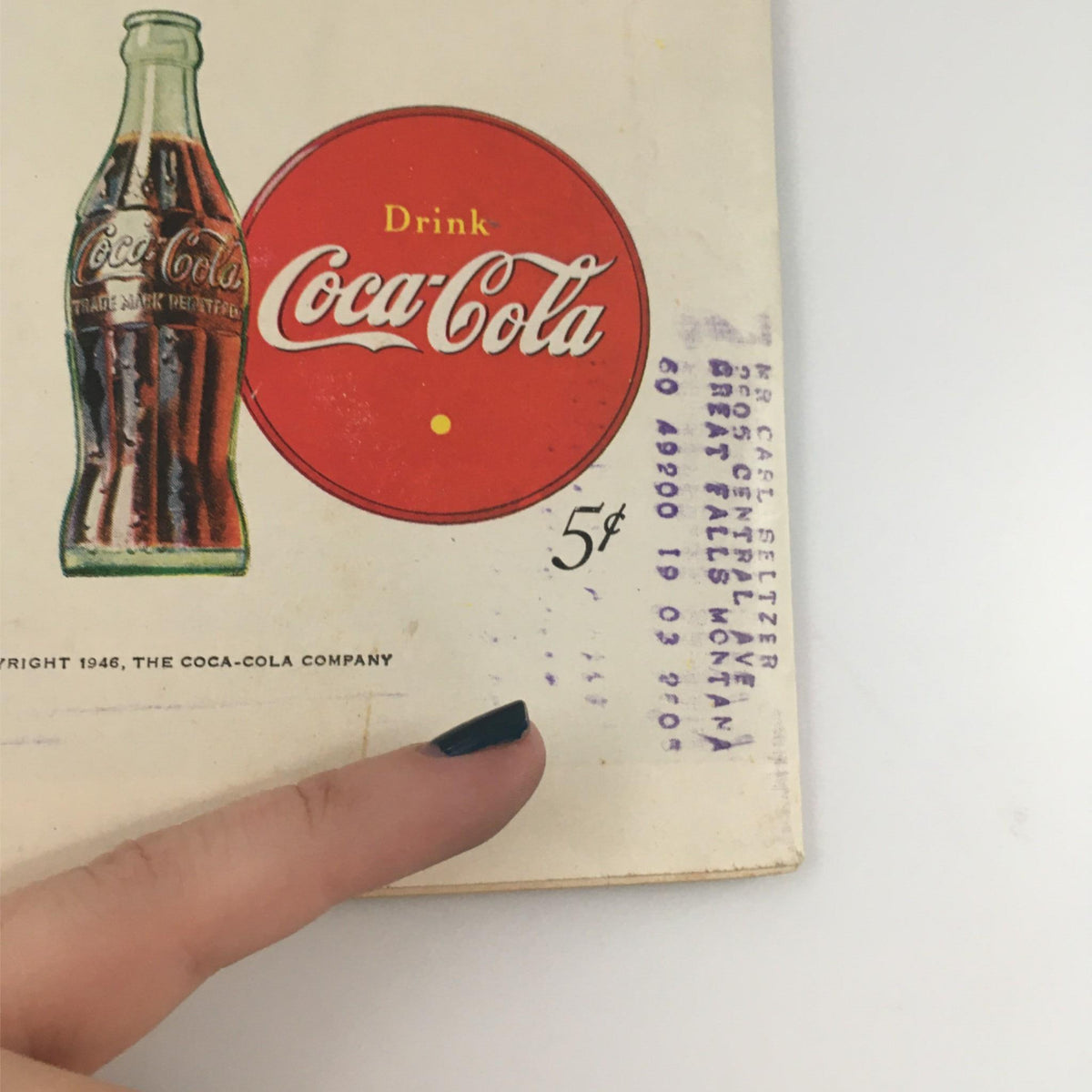 Close-up of the vintage Coca-Cola advertisement on the back of the VTG Life Magazine July 29, 1946, displaying a classic Coke bottle and pricing.