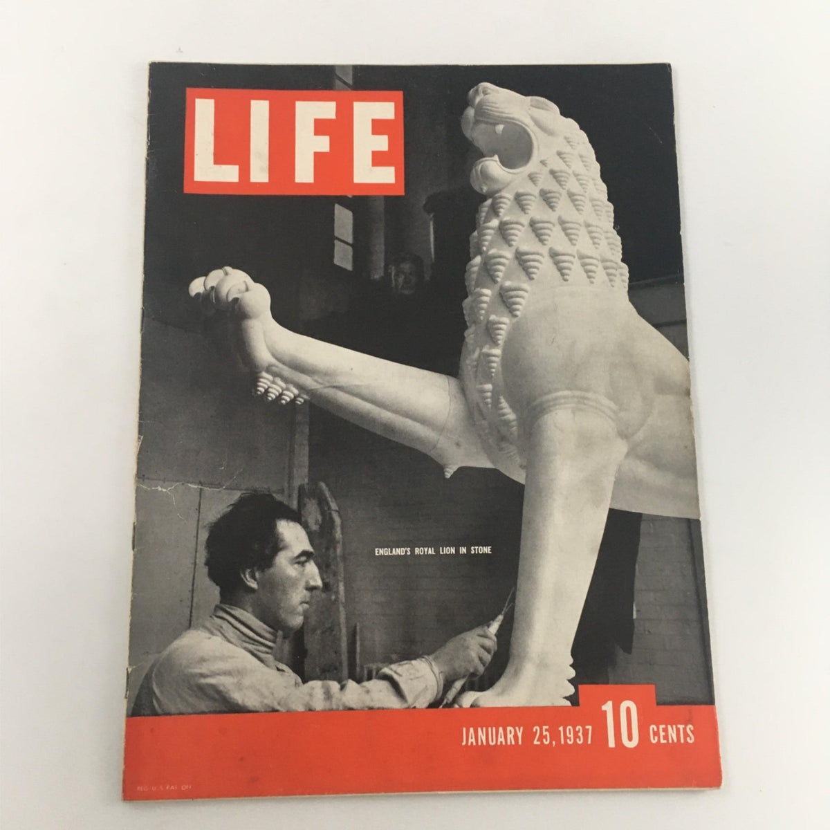 Vintage Life Magazine cover from January 25, 1937, featuring England's Royal Lion in Stone. The cover showcases a sculptor working on the lion statue, framed in classic journalism style.