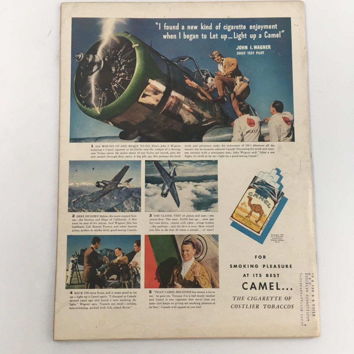 Back cover of VTG Life Magazine May 22, 1939, featuring an advertisement for Camel cigarettes with colorful images of an airplane, a pilot, and a promotional message.