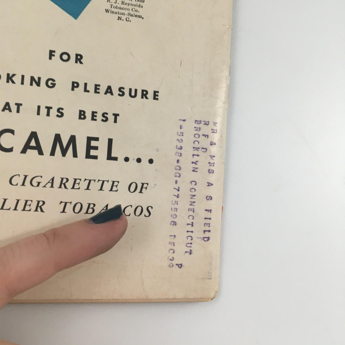 Close-up of the back cover of VTG Life Magazine May 22, 1939, showing an advertisement for Camel cigarettes, highlighting its brand and vintage design.