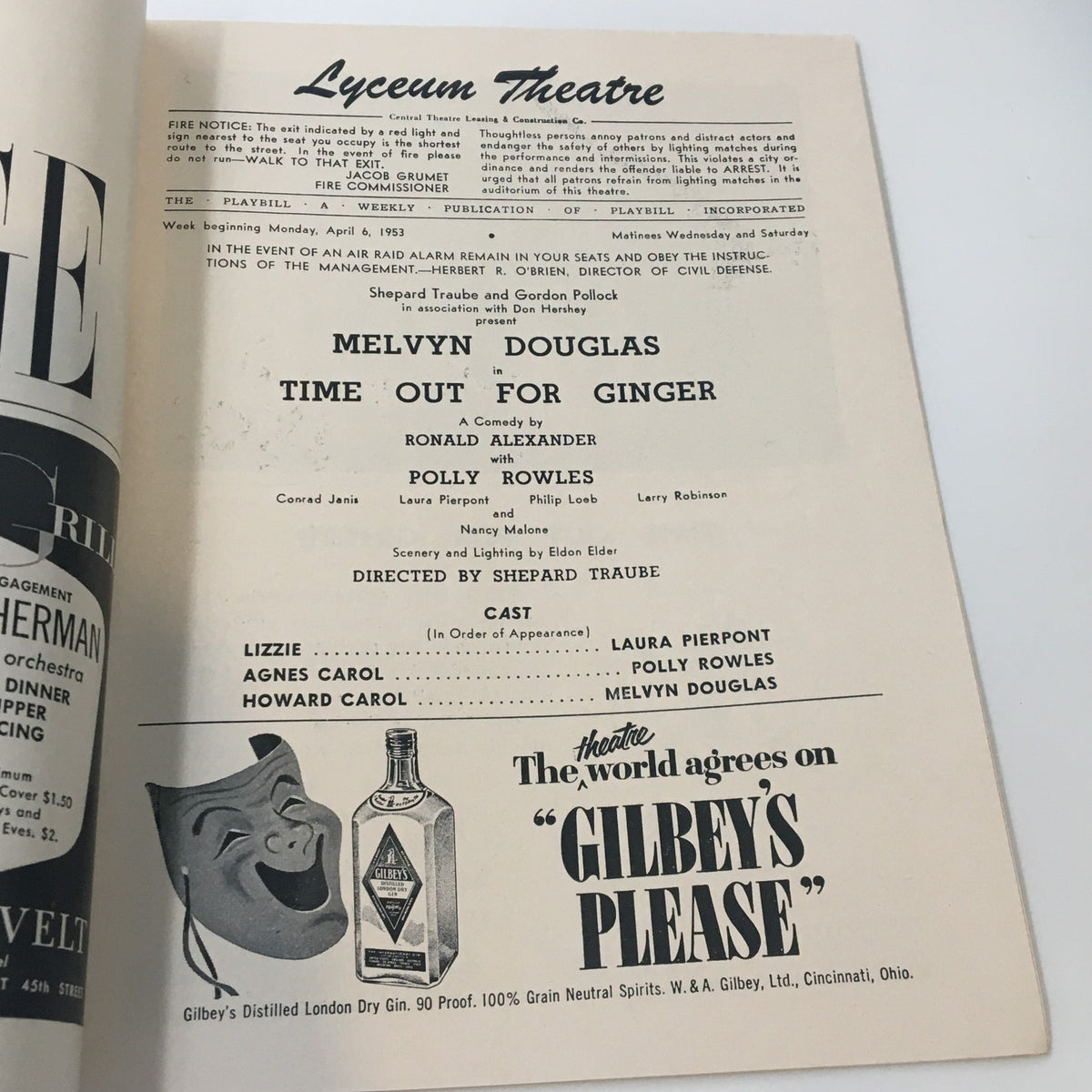 Inside page of the 1953 Playbill for 'Time Out For Ginger', detailing the cast and production credits at Lyceum Theatre, showcasing its historical theatrical charm.