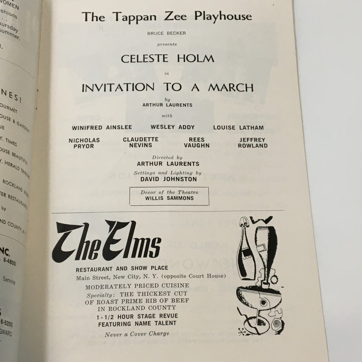 Interior page of the 1961 Playbill for Invitation to a March at The Tappan Zee Playhouse, listing cast and crew members, including Winifred Ainslee and Arthur Laurents.