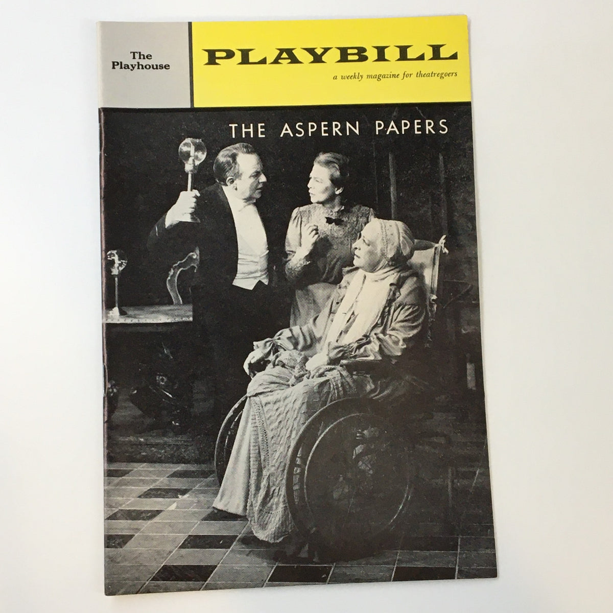 1962 Playbill The Playhouse featuring Maurice Evans and Wendy Hiller in The Aspern Papers, showcasing a black and white image of actors on stage.