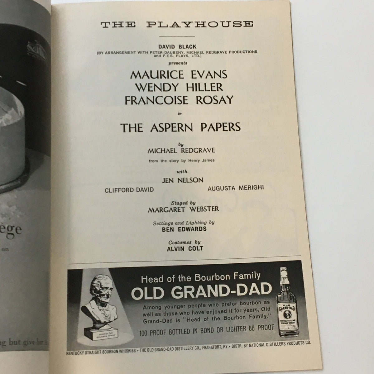 1962 Playbill The Playhouse featuring the cast details of The Aspern Papers, highlighting the names of Maurice Evans, Wendy Hiller, and Francois Rosay.