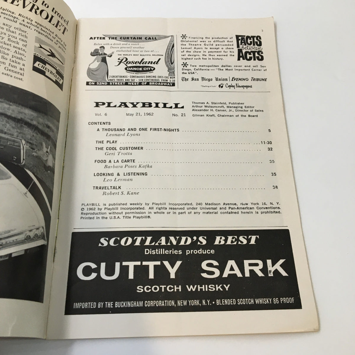 Interior page of the 1962 Playbill for Milk and Honey, highlighting the production information and advertisements.