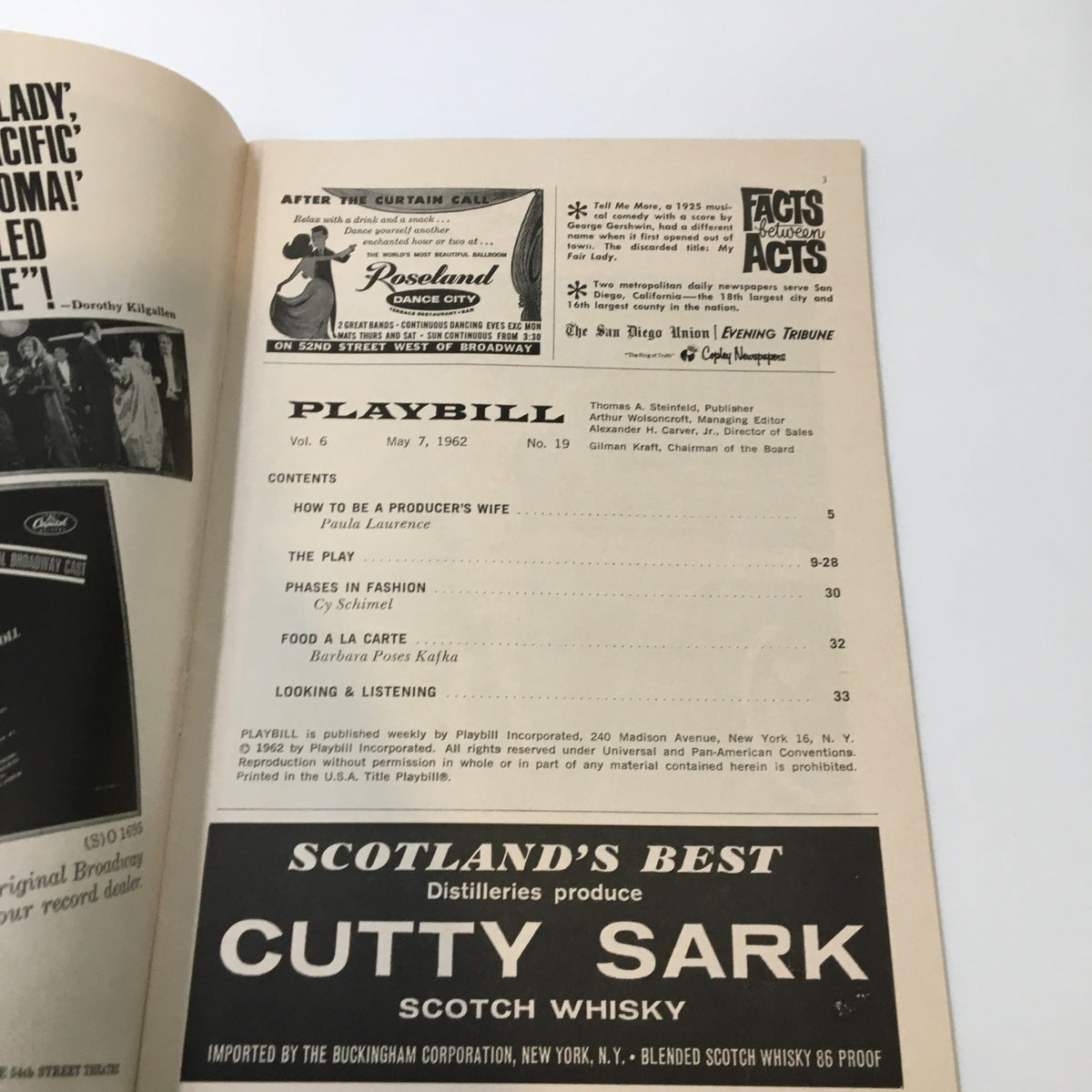 Interior page of the 1962 Playbill, including details of the production A Thousand Clowns at the Eugene O'Neill Theatre.
