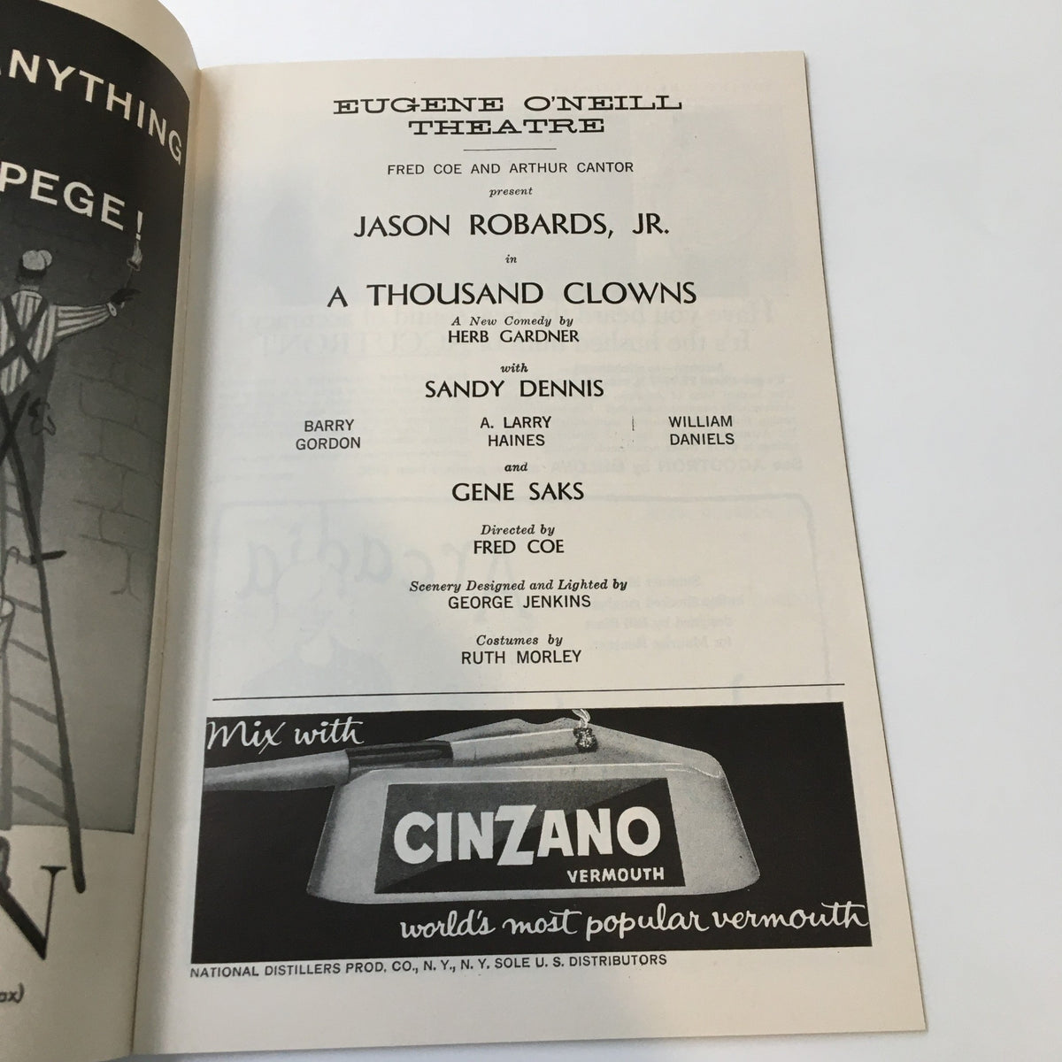 Page of the 1962 Playbill highlighting cast and crew for A Thousand Clowns, featuring Jason Robards Jr. at the Eugene O'Neill Theatre.