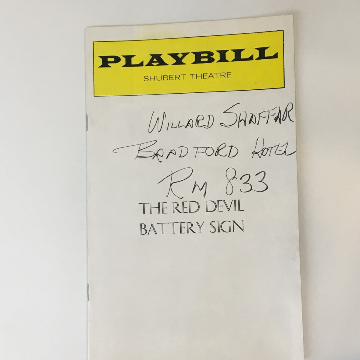1975 Playbill for The Red Devil Battery Sign at Shubert Theatre showing handwritten notes.