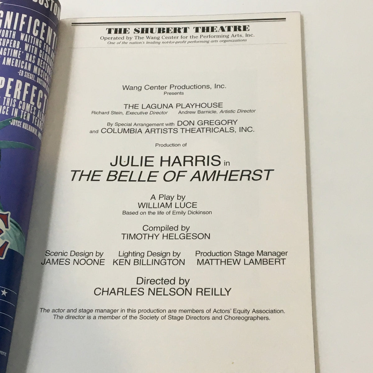 2001 Playbill for The Belle of Amherst featuring Julie Harris at the Shubert Theatre, showcasing vibrant graphics and textual details of the production.