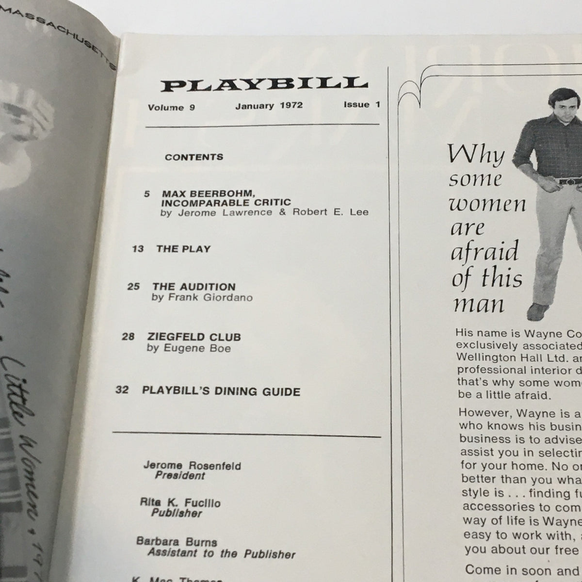 Inside view of the 1972 Playbill for Vivat Vivat Regina, including contents page and listings from the Shubert Theatre, highlighting its historical significance.