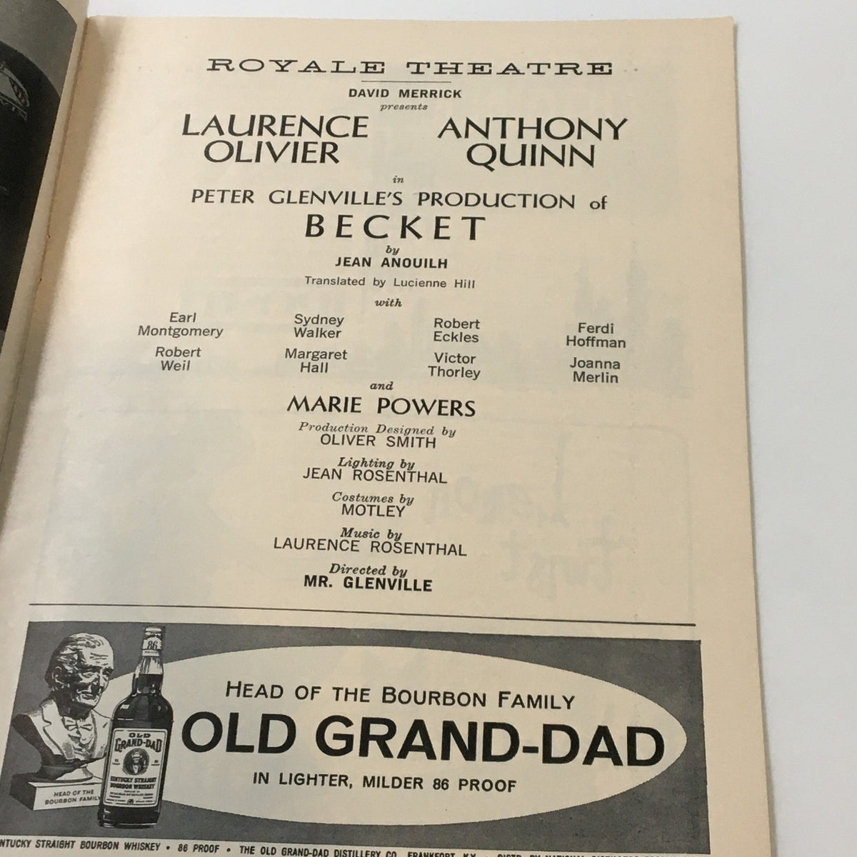 1961 Playbill from Royale Theatre featuring Laurence Olivier and Anthony Quinn in the production of Becket, directed by Mr. Glenville, highlighting significant theatrical performances.