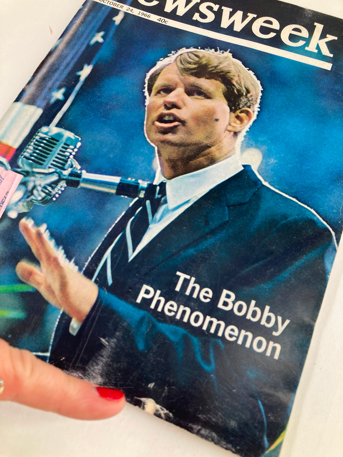 Close-up of the October 24, 1966, Newsweek magazine cover titled 'The Bobby Kennedy Phenomenon', highlighting Robert F. Kennedy delivering a speech with an emphasis on historical significance.