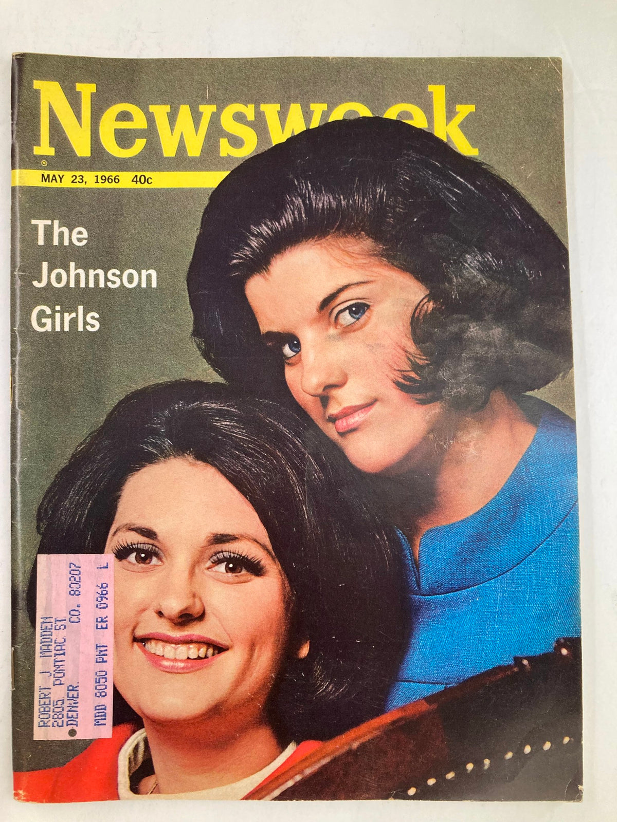 Cover of VTG Newsweek Magazine from May 23, 1966, featuring an article titled 'The Johnson Girls,' showcasing two women with styled hair against a green background.