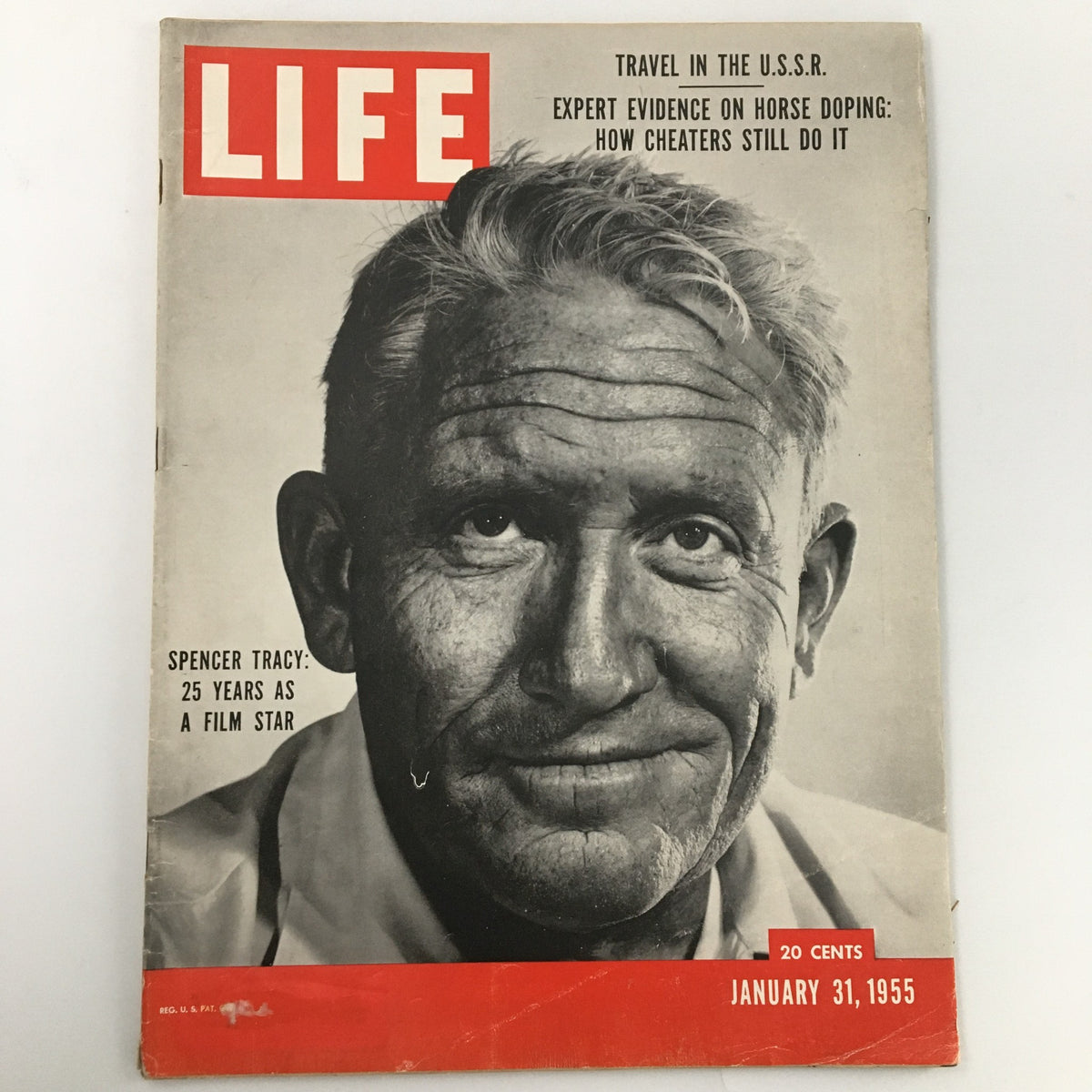 VTG Life Magazine January 31 1955 featuring a striking cover of Spencer Tracy, highlighting his 25 years as a film star.