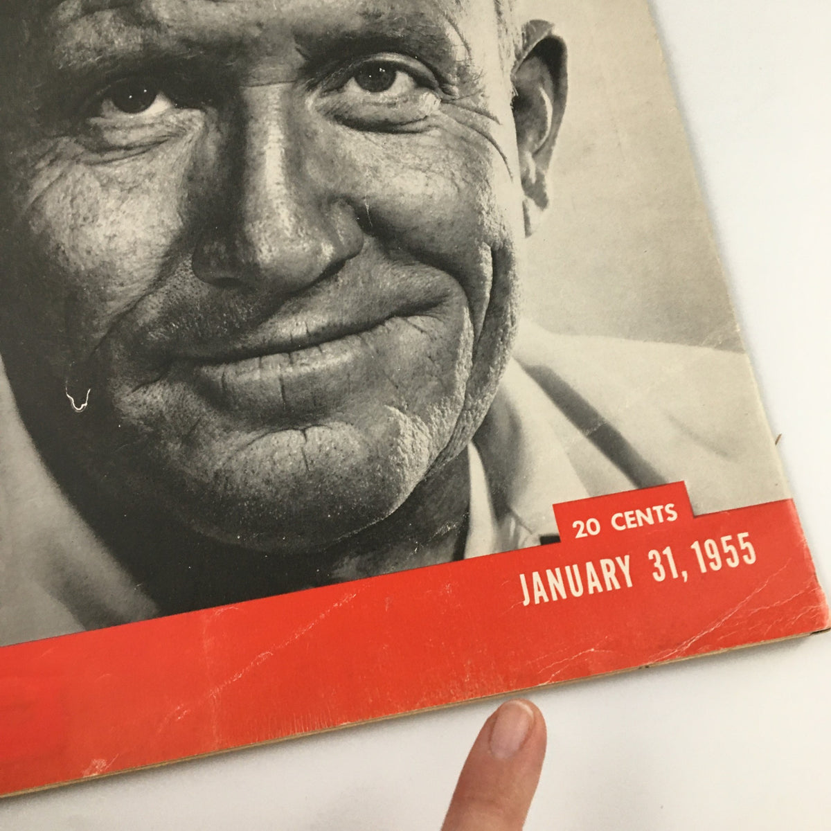 Close-up of the cover of VTG Life Magazine January 31 1955, showcasing Spencer Tracy's face with the publication date visible.