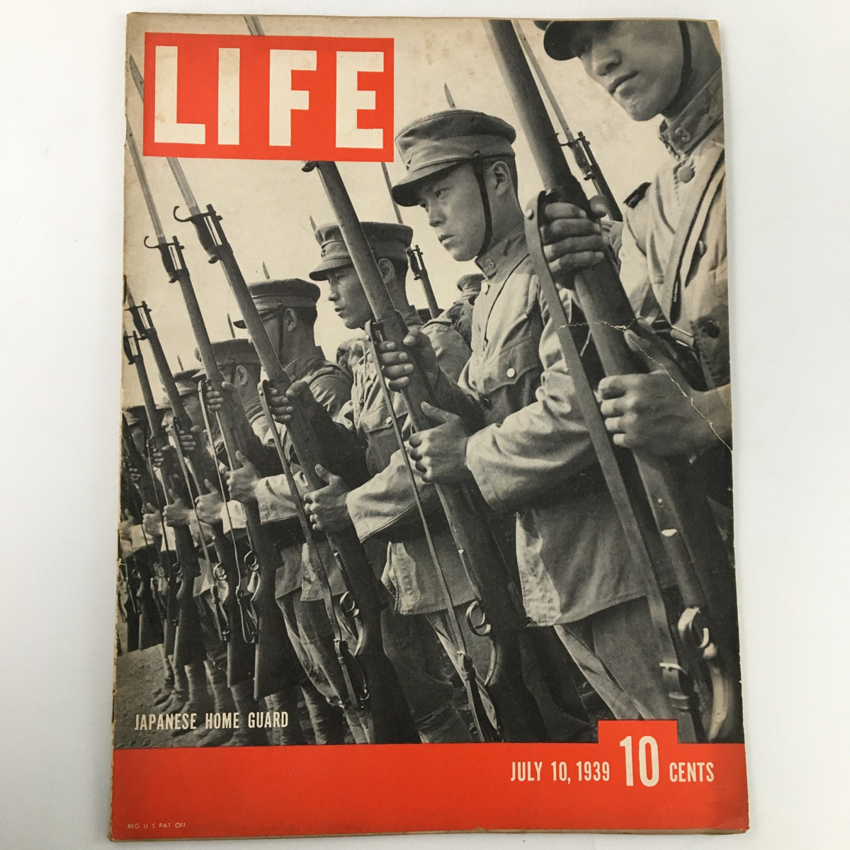 Cover of VTG Life Magazine July 10 1939 featuring Japanese Home Guard soldiers standing in formation with rifles. The magazine displays the title 'LIFE' prominently and highlights the date and price.