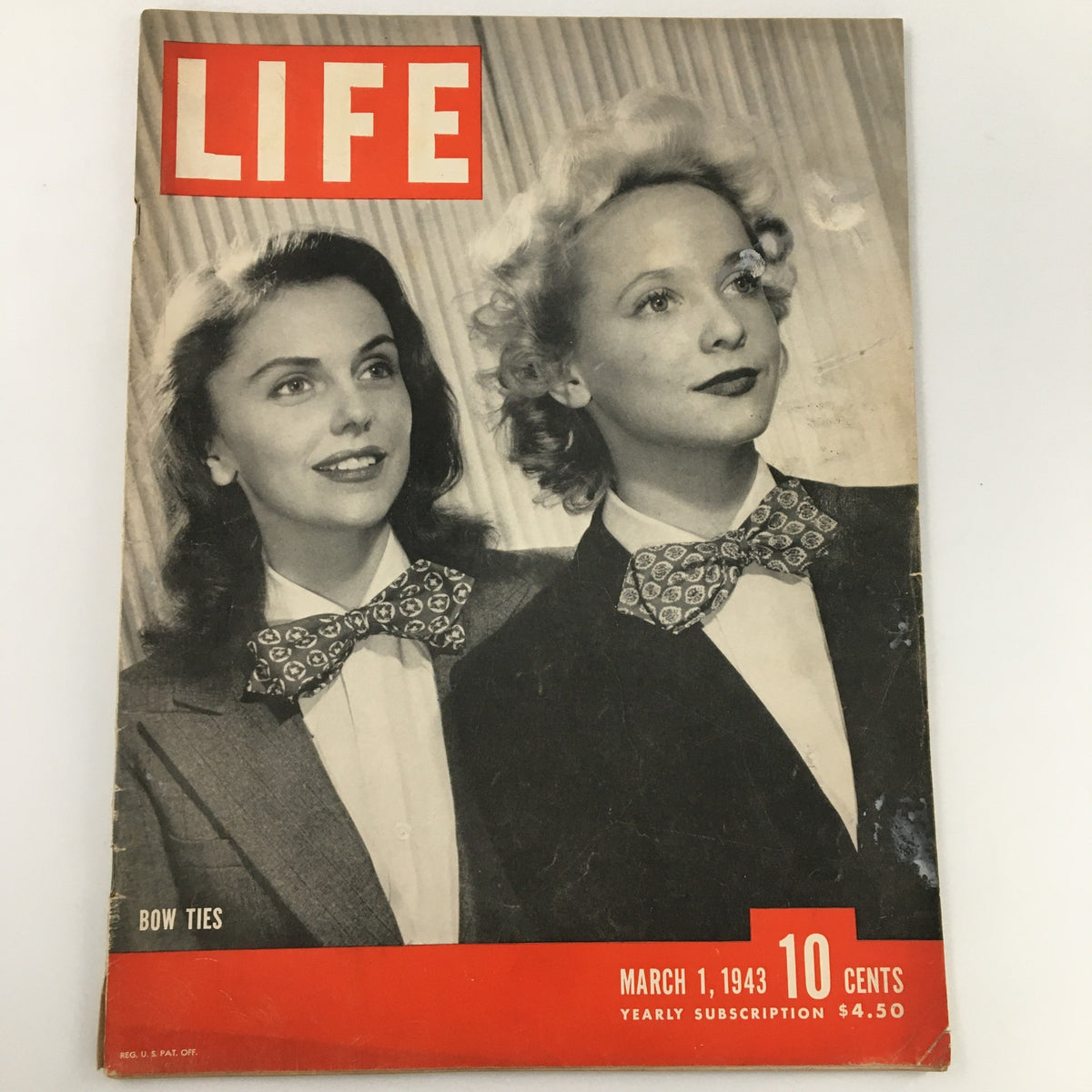 Cover of VTG Life Magazine from March 1, 1943 featuring two women models wearing bow ties, capturing the fashion of the era.