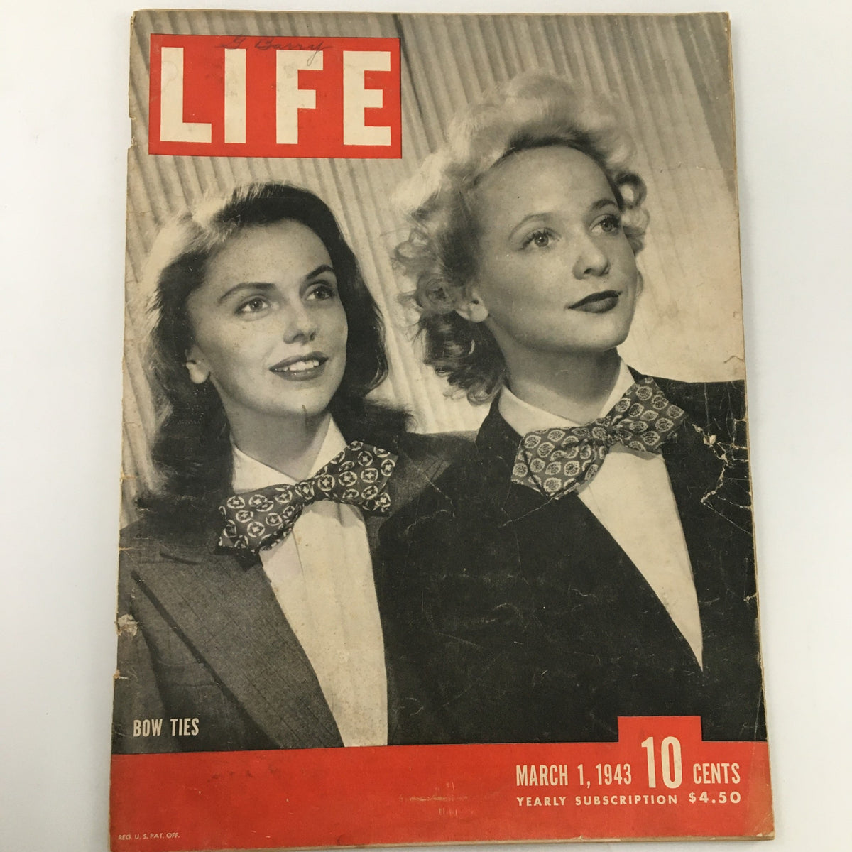 VTG Life Magazine March 1 1943 featuring two women wearing stylish bow ties on the cover, showcasing women's fashion trends of the early 1940s.