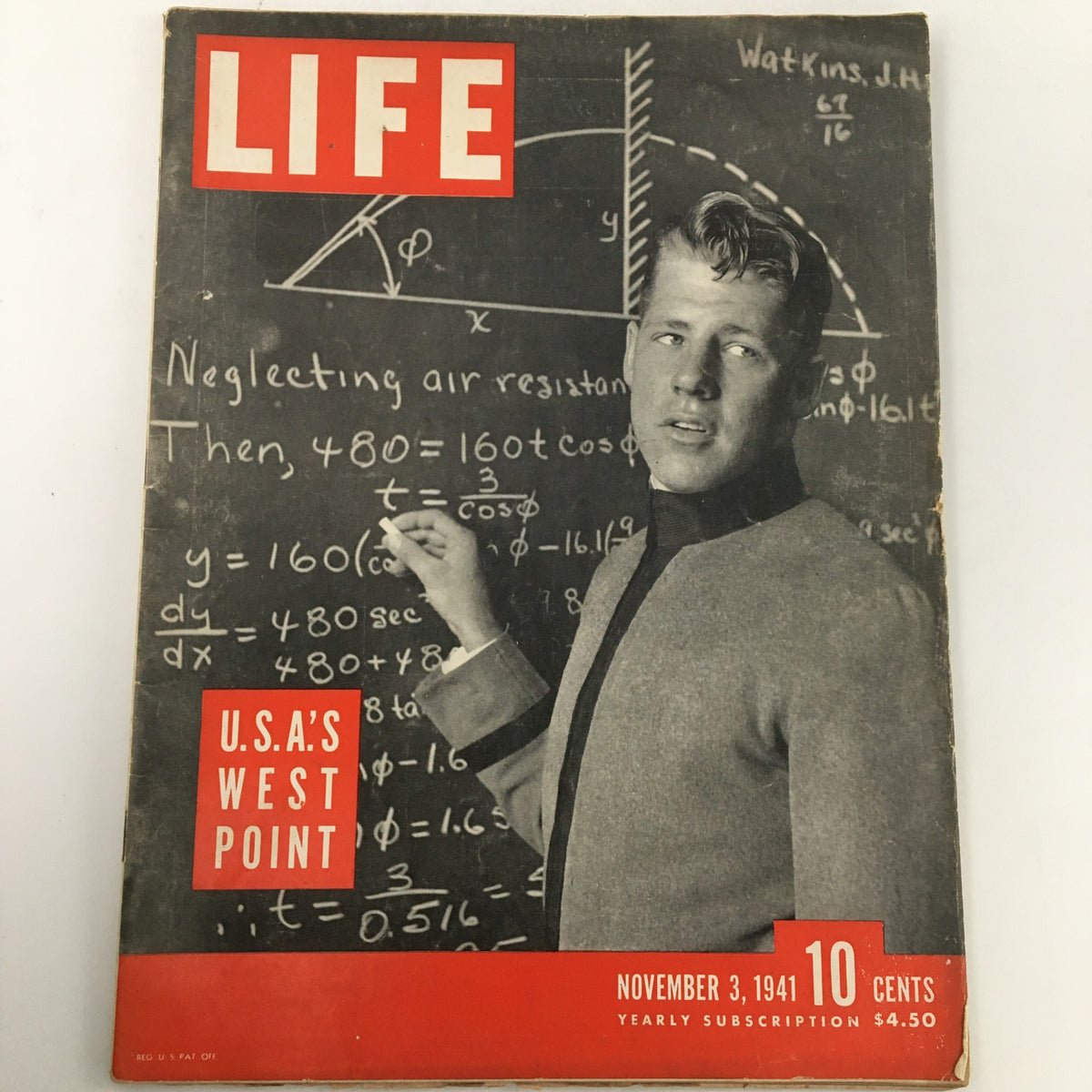 VTG Life Magazine November 3 1941 featuring a male student from U.S.A.'s West Point, standing in front of a blackboard filled with mathematical equations, showcasing the magazine's vintage design and historical significance.