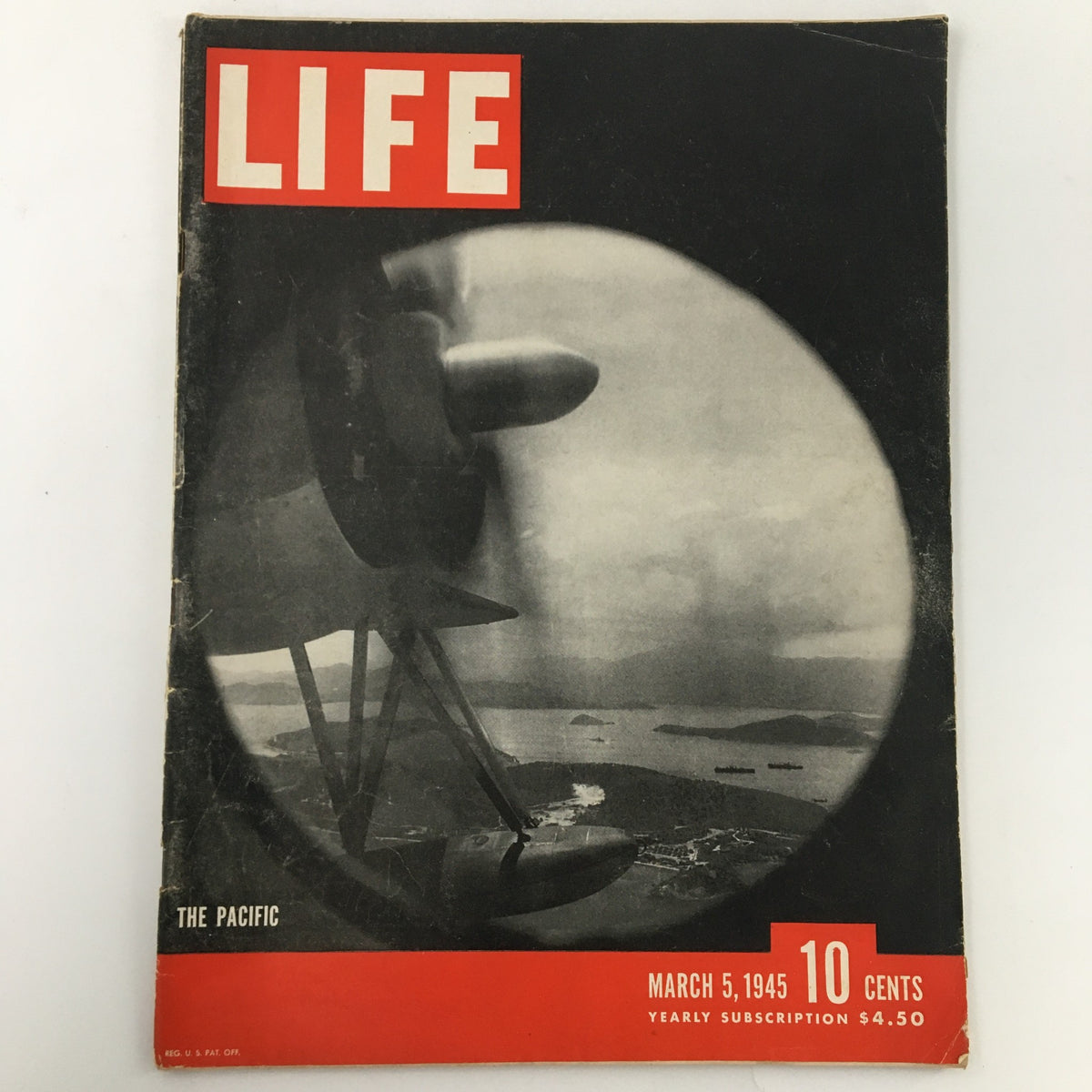 Vintage Life Magazine from March 5, 1945, featuring the cover story 'The Pacific Overlooking'. This historical magazine showcases significant events from World War II with captivating imagery.