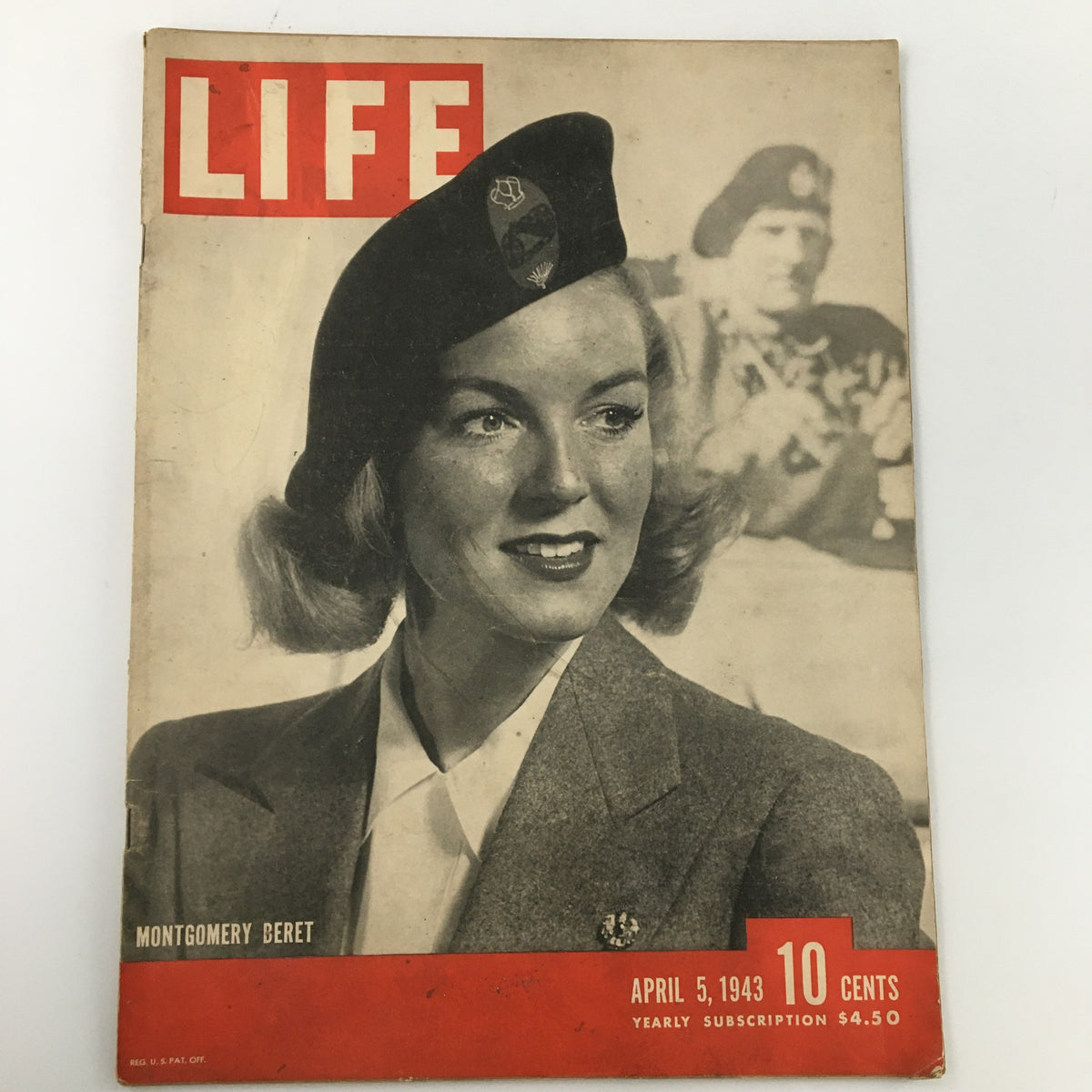 Cover of VTG Life Magazine April 5, 1943 featuring a woman wearing a Montgomery beret and a classic blazer, showcasing nostalgic 1940s fashion.