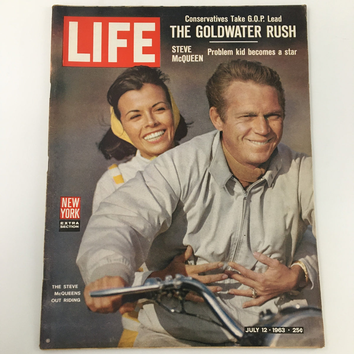 Cover of VTG Life Magazine July 12 1963 featuring Steve McQueen and a woman riding together, showcasing vintage style and classic American culture of the 1960s.