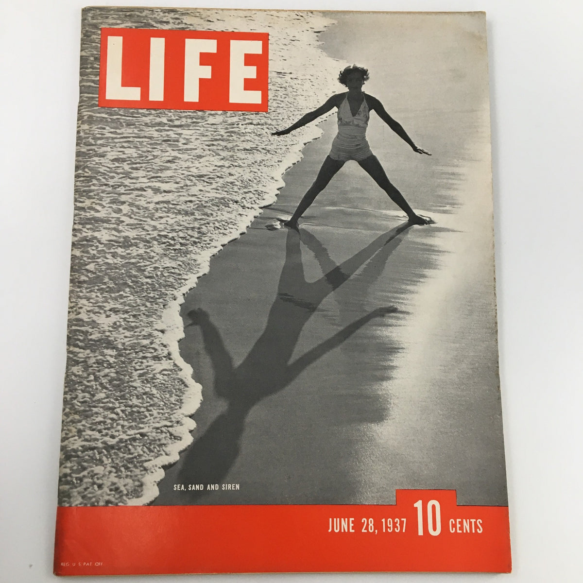Cover of VTG Life Magazine from June 28, 1937, featuring the title 'Sea, Sand and Siren', showcasing a person on a beach with their shadow on the sand.
