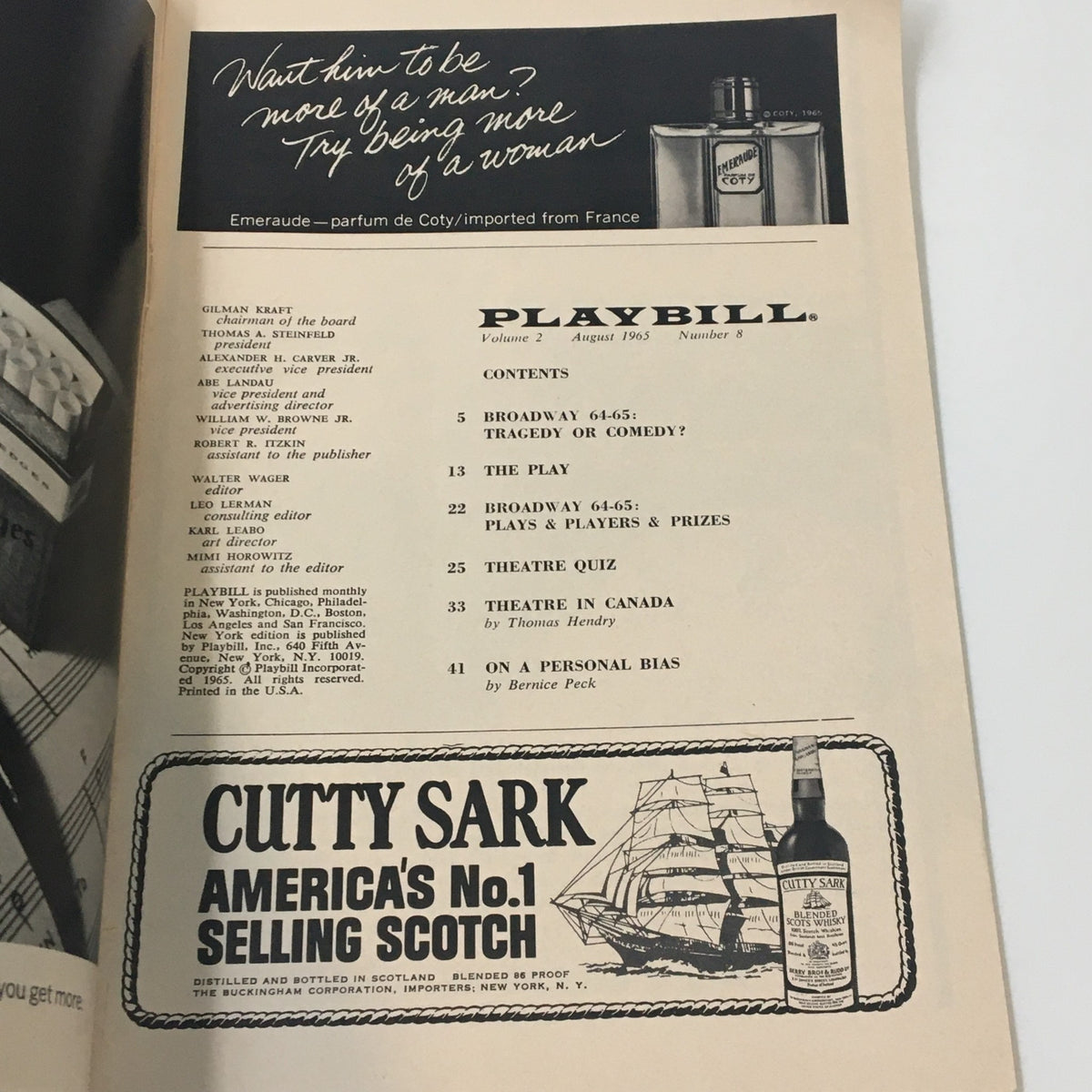 Interior page of the 1965 Playbill for The Owl and The Pussycat featuring contents and advertisements including a perfume and Cutty Sark Scotch.