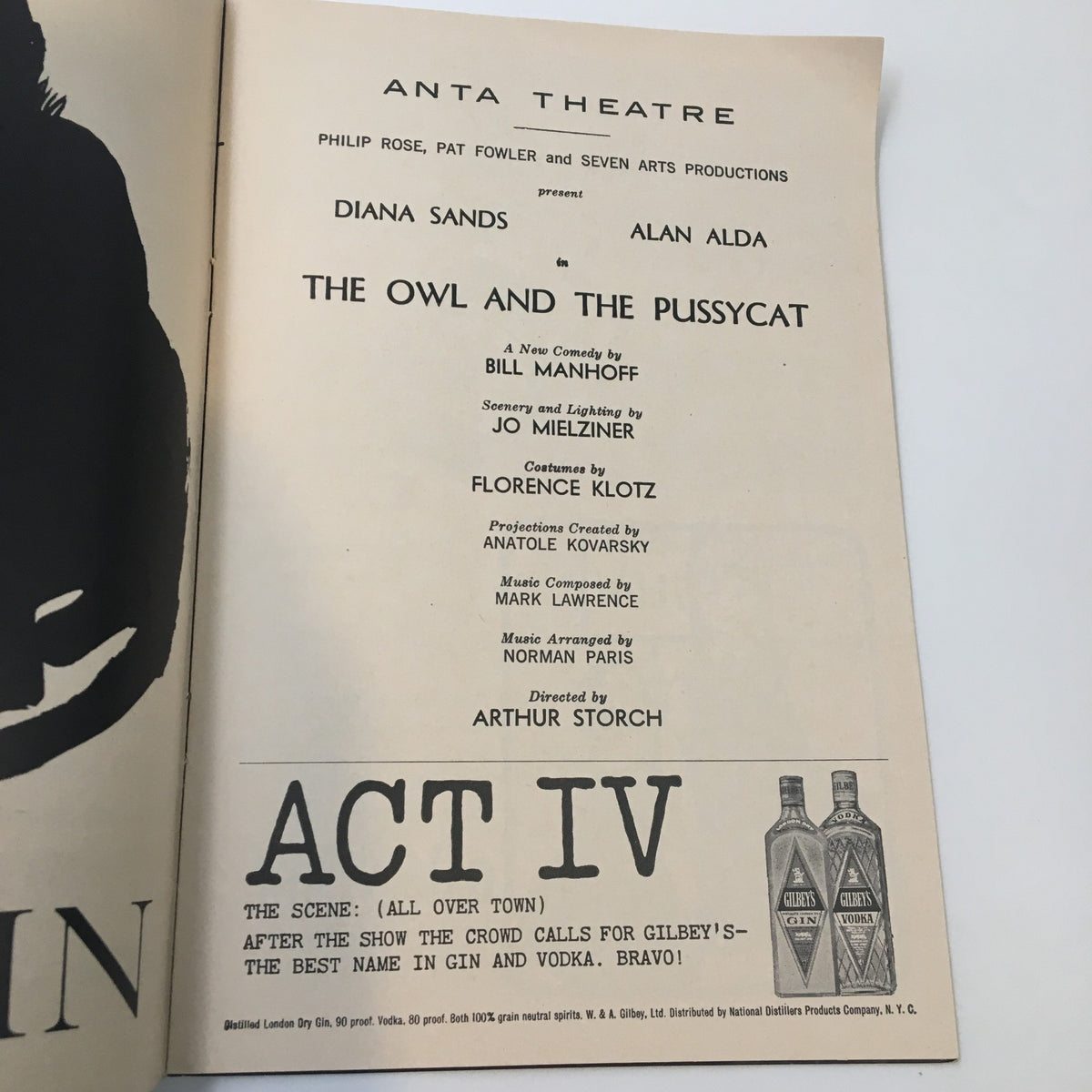 The cast listing for The Owl and The Pussycat in the 1965 Playbill from Anta Theatre, detailing the production credits including Arthur Storch as the playwright.