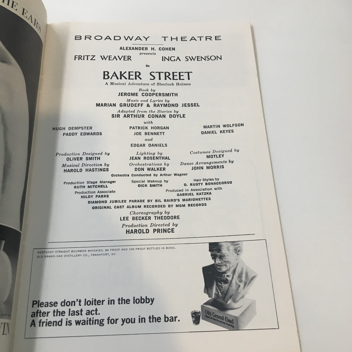 Interior page from the 1965 Playbill for Baker Street, featuring cast and crew credits, designed by Harold Prince, showcasing Broadway theatre history.