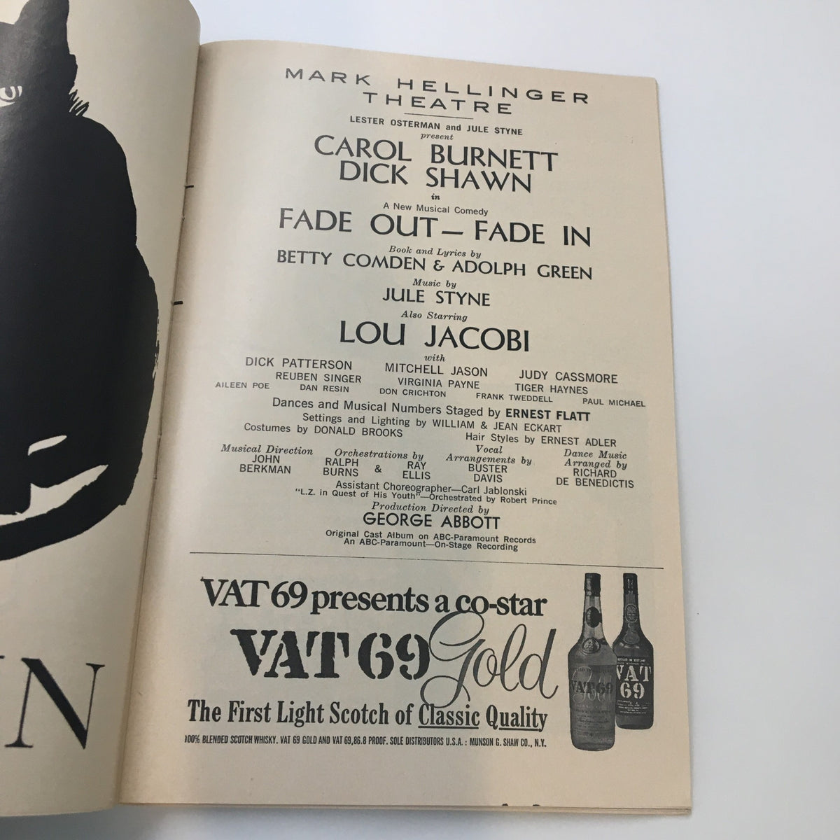 1965 Playbill for 'Fade Out - Fade In' featuring Carol Burnett and Dick Shawn at the Mark Hellinger Theatre, showcasing cast and production details, alongside VAT 69 advertisement.