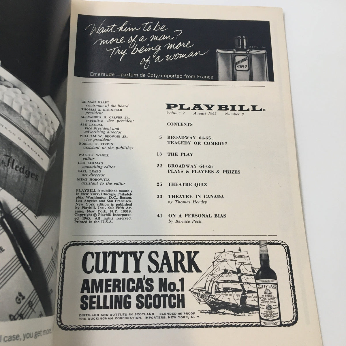 Interior page of the 1965 Playbill for The Odd Couple, highlighting contents and advertisements, capturing mid-20th century theater culture.