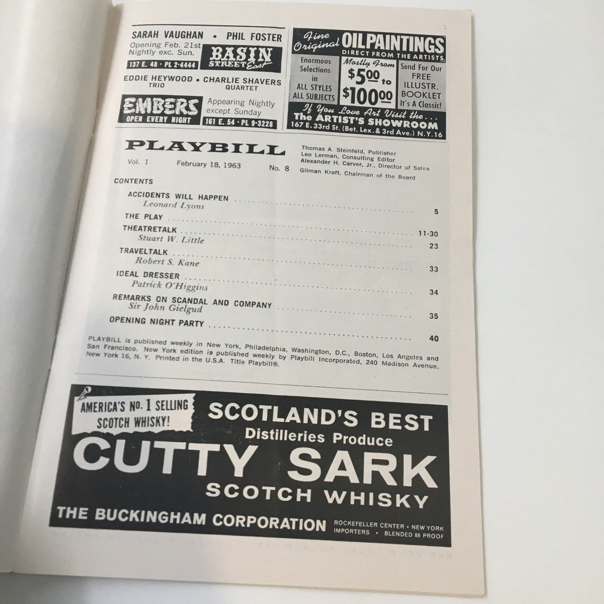 Interior page of the 1963 Playbill from Broadhurst Theatre for the production 'No Strings' featuring advertisements and content relevant to theater shows.